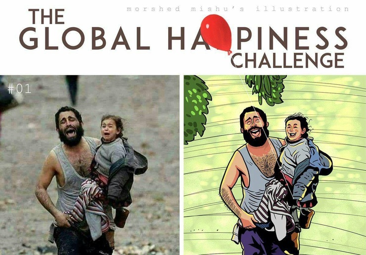 يک هنرمند بنگلادشى در یک پروژه به نام، چالش شادى (Global happiness challenge) عكسهاى ناراحت كننده اى از جنگ را به تصاوير شاد تبديل كرد