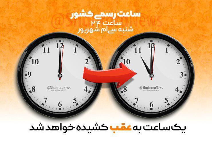 ساعت رسمی کشور ساعت ۲۴ امشب، شنبه سی ام شهریور، یک ساعت به عقب کشیده می‌شود.