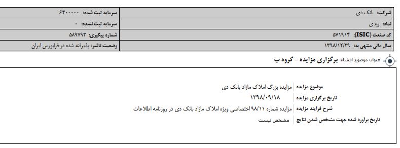 اموال بانک دی به حراج گذاشته شد  