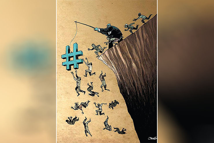 «داریو کاستلیجوس»، کارتونیست مکزیکی، د اثری که نام «نسل هشتگ» مردی با کت و شلوار و کراوات، همچون سیاست‌مداران و بزرگ‌تر و قدبلندتر از بقیه آدم‌ها، هشتگی را به چوبی وصل کرده و بر فراز پرتگاهی گرفته است.