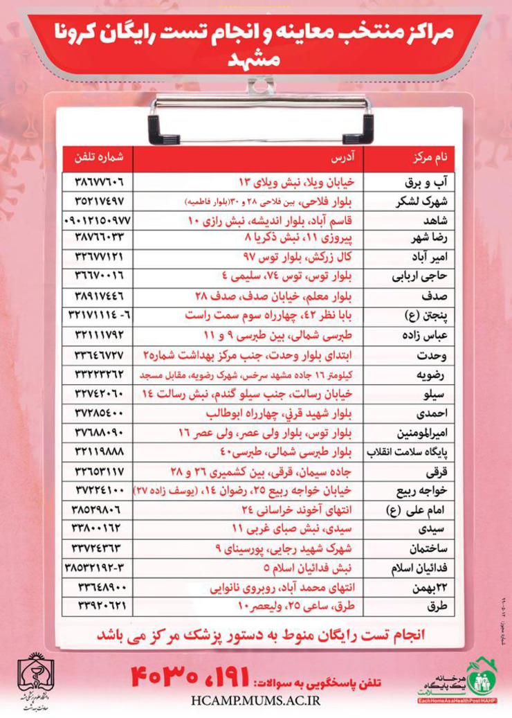 مراکز منتخب معاینه و انجام تست رایگان کرونا در مشهد را مشاهده می‌کنید، انجام تست رایگان کرونا در این مراکز منوط به دستور پزشک مرکز می‌باشد.