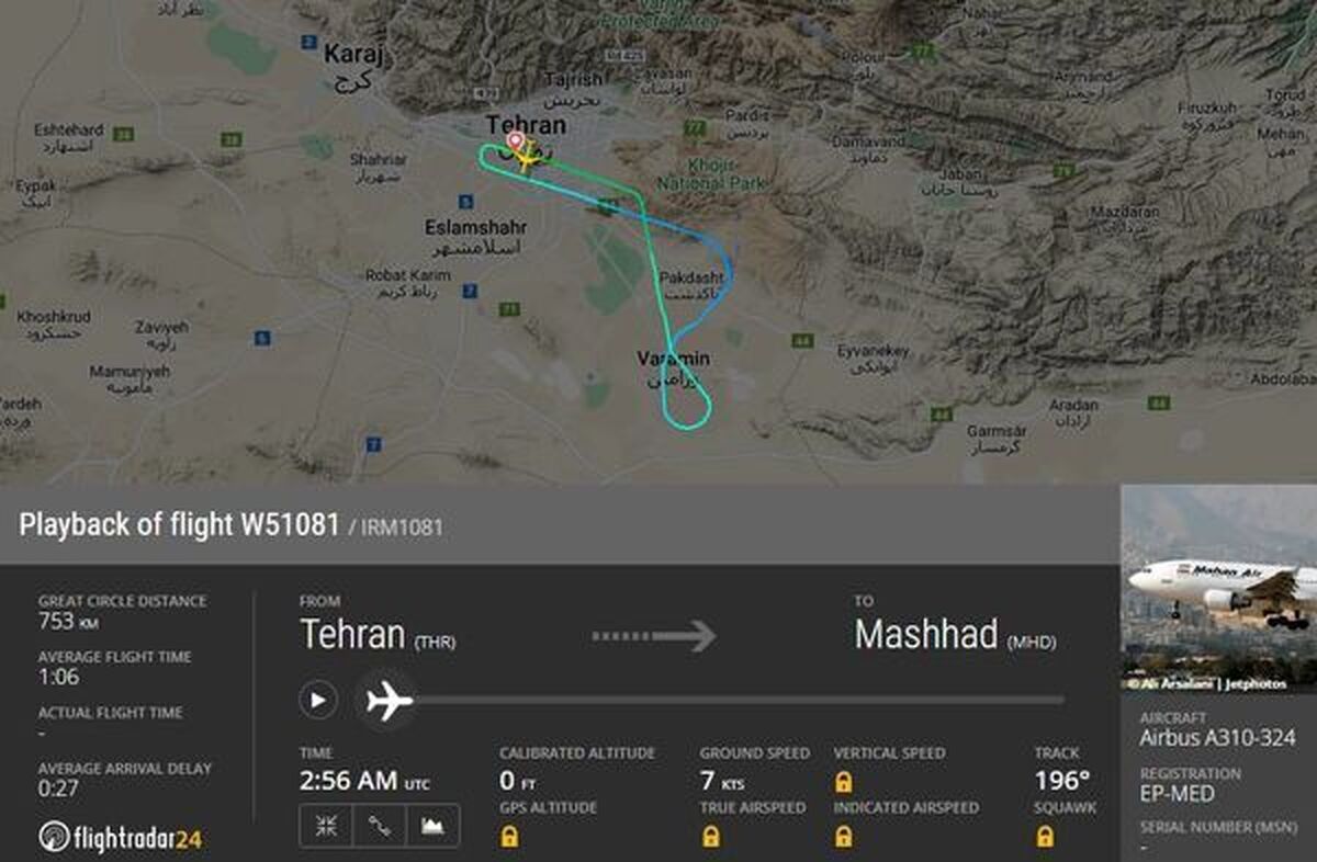 پرواز شماره ۱۰۸۱ هواپیمایی ماهان تهران-مشهد به دلیل نقص فنی به مبدا بازگشت.