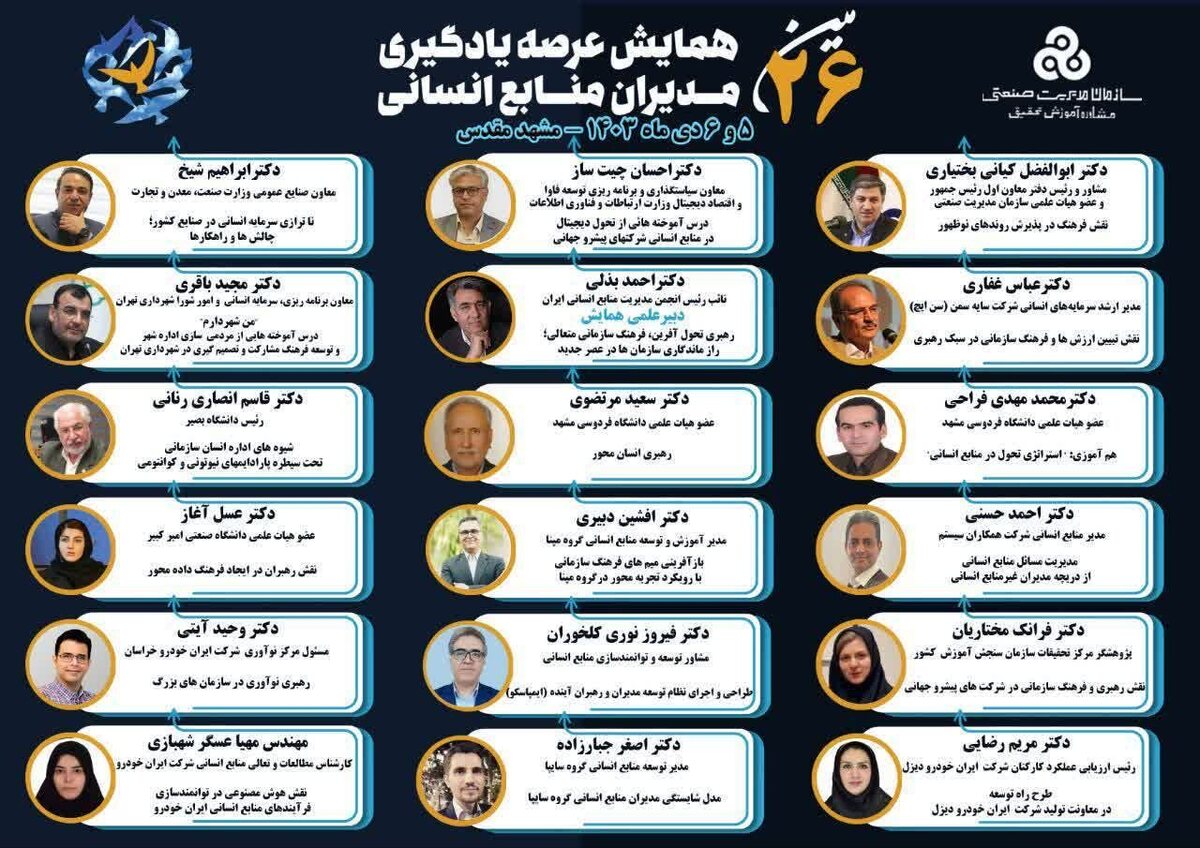 در روز‌های ۵ و ۶ دی ماه ۱۴۰۳، بیست و ششمین همایش عرصه یادگیری مدیران منابع انسانی در مشهد مقدس برگزار می‌شود.